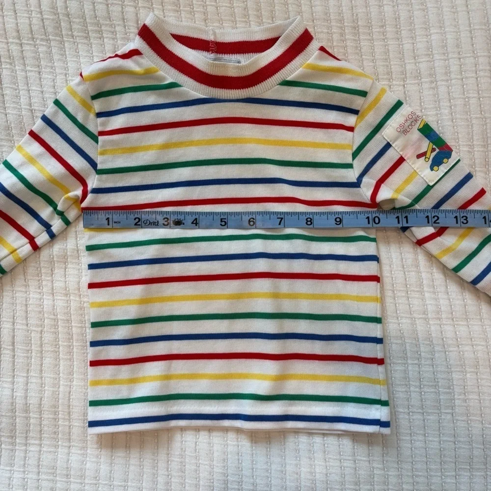 OshKosh B'Gosh Vintage 80's Rainbow Striped Mock Neck 18 mos Shirt Red Overalls